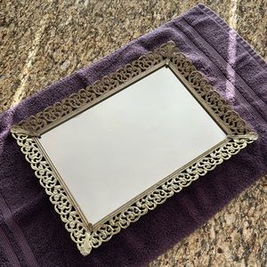 Vintage 10 1/2” X 14 1/2” gold tone filigree patina mirror dresser tray
